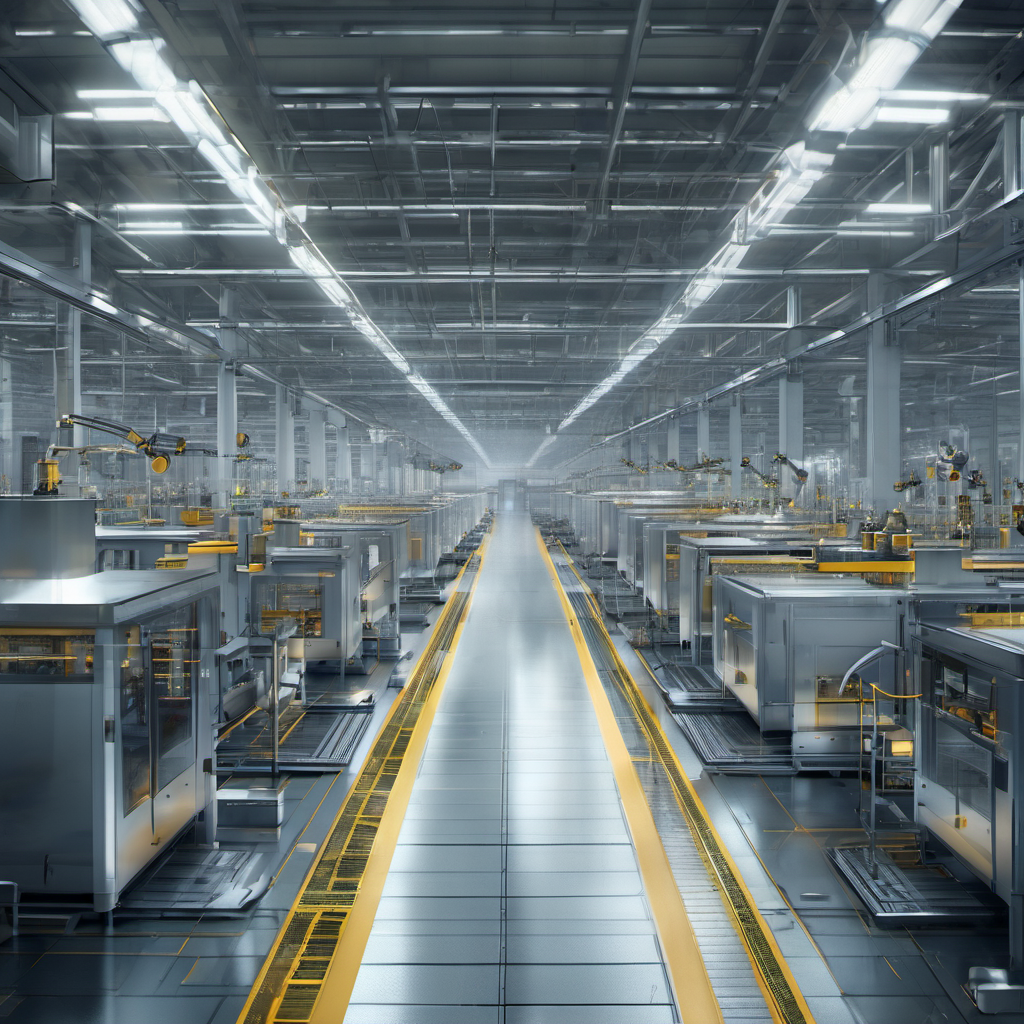 AI cameras and sensors on a factory floor detecting defects in real time, highlighting autonomous offline processing in a high-tech industrial environment.
