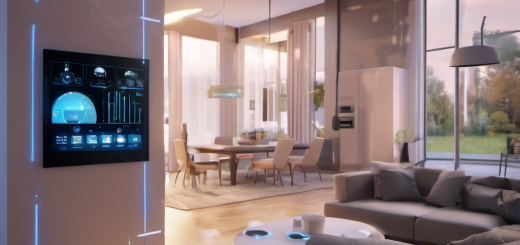 A modern living room with AI-integrated IoT devices and a local AI processing unit, showcasing real-time data handling without internet connectivity.