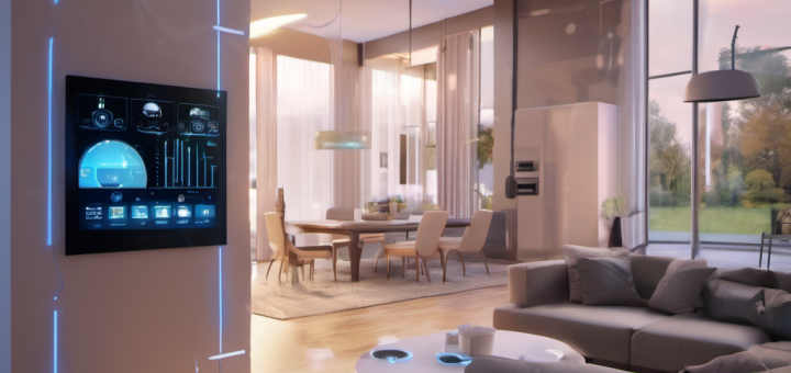 A modern living room with AI-integrated IoT devices and a local AI processing unit, showcasing real-time data handling without internet connectivity.