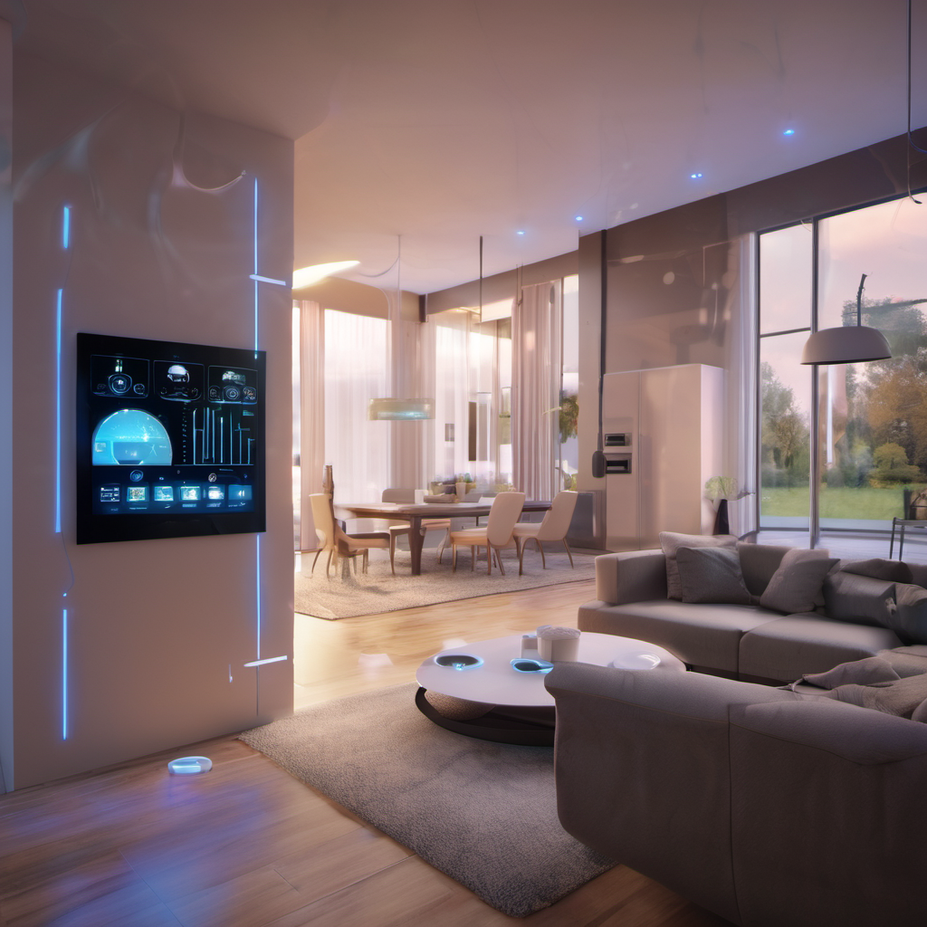 A modern living room with AI-integrated IoT devices and a local AI processing unit, showcasing real-time data handling without internet connectivity.