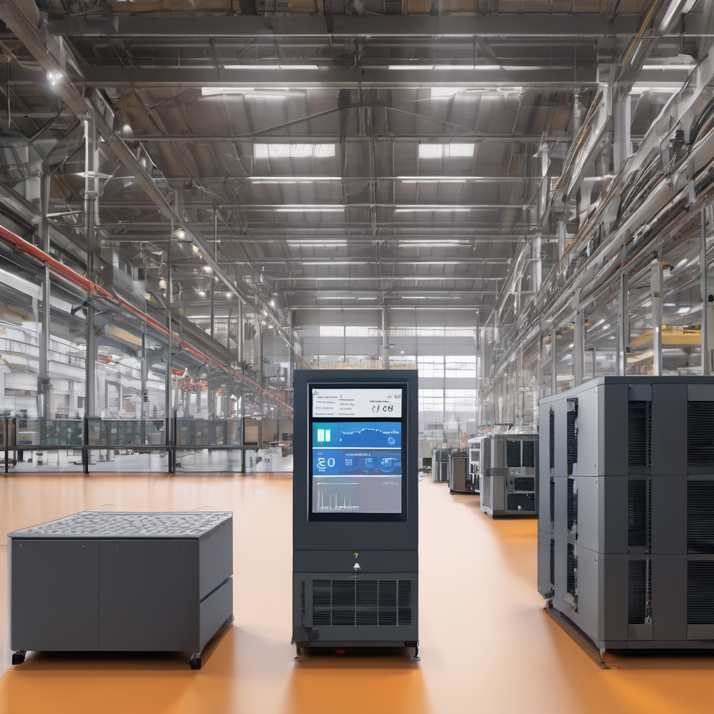 Industrial edge computing unit with IoT sensors and local AI optimizing energy use in a factory environment.
